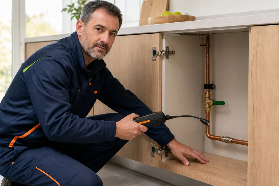 Técnico con uniforme azul marino usando una sonda de detección junto a una tubería de gas de cobre.