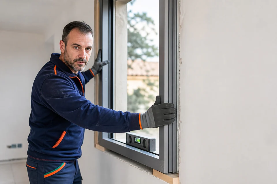 Instalador sujetando un marco de aluminio con un nivel apoyado en la parte inferior