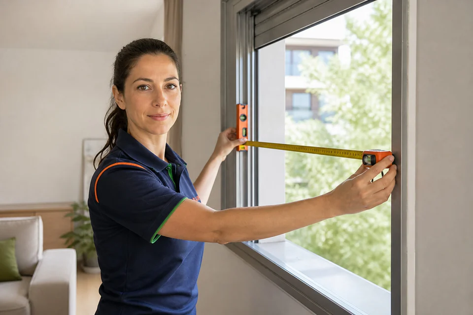 Técnica midiendo con cinta y nivel el hueco junto al marco de una ventana