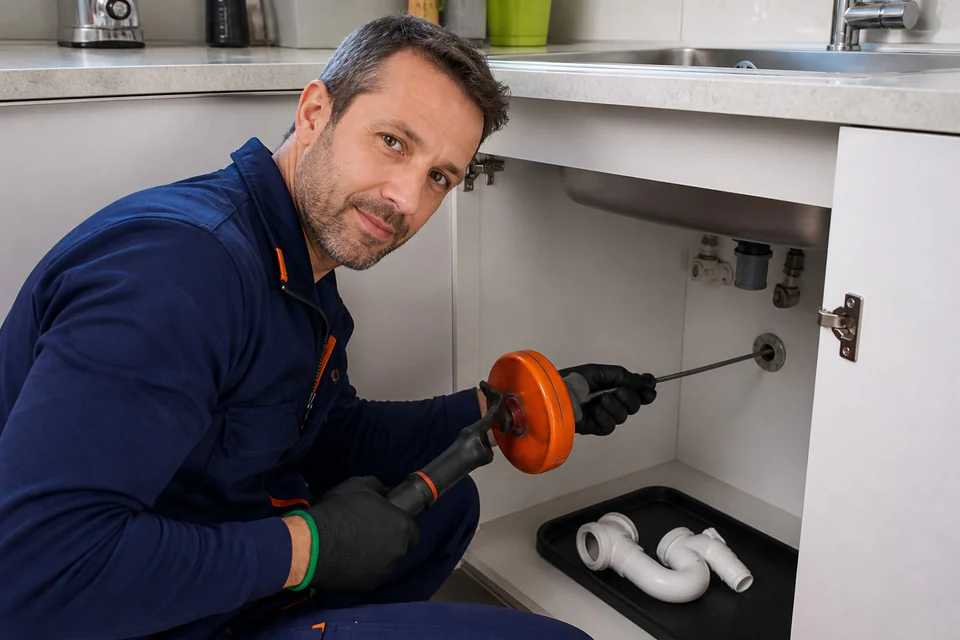 Técnico manejando una guía de desatasco junto a la salida de pared bajo un fregadero