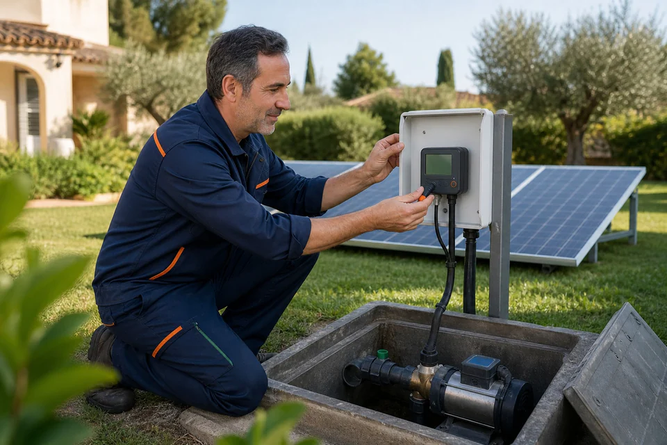 Técnico observando el cuadro de control junto a paneles solares y una bomba de agua