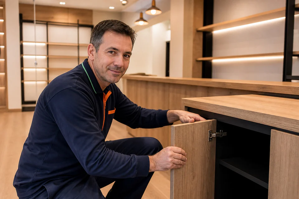 Carpintero revisando un cajón de un mueble instalado en un espacio comercial