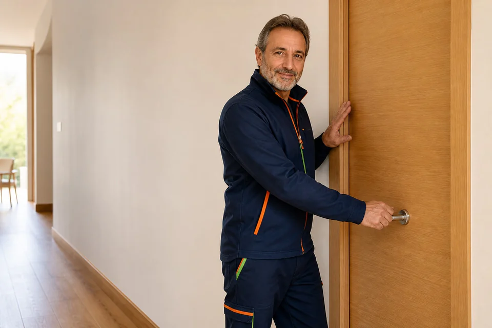 Carpintero comprobando la manilla y el movimiento de una puerta interior de madera