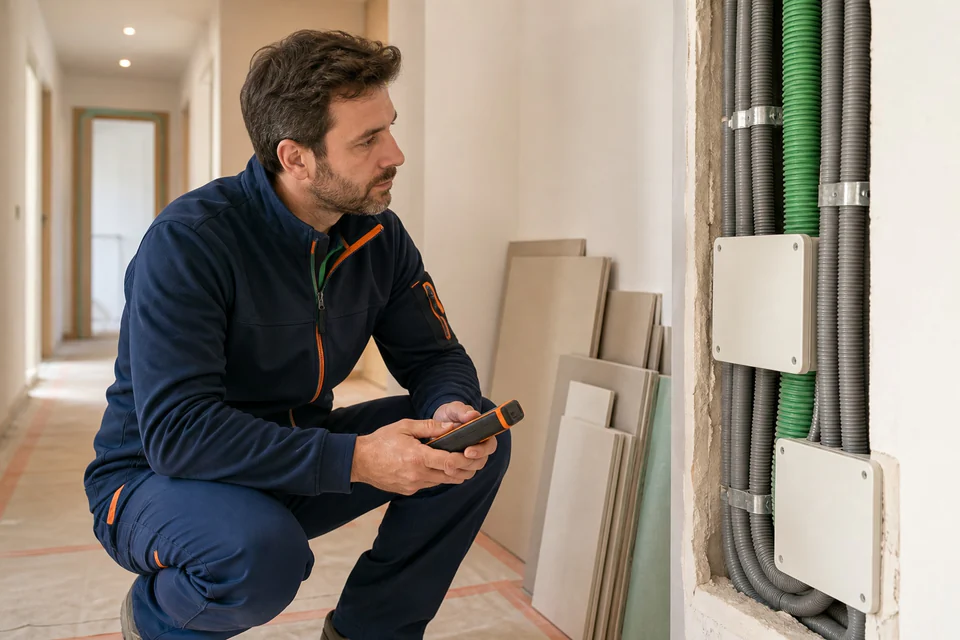 Técnico observando una instalación abierta en la pared de una vivienda en reforma
