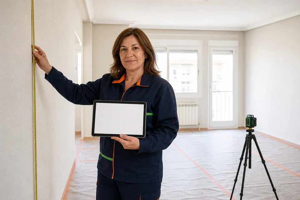 Técnica con tableta junto a un equipo láser en una vivienda preparada para reformar