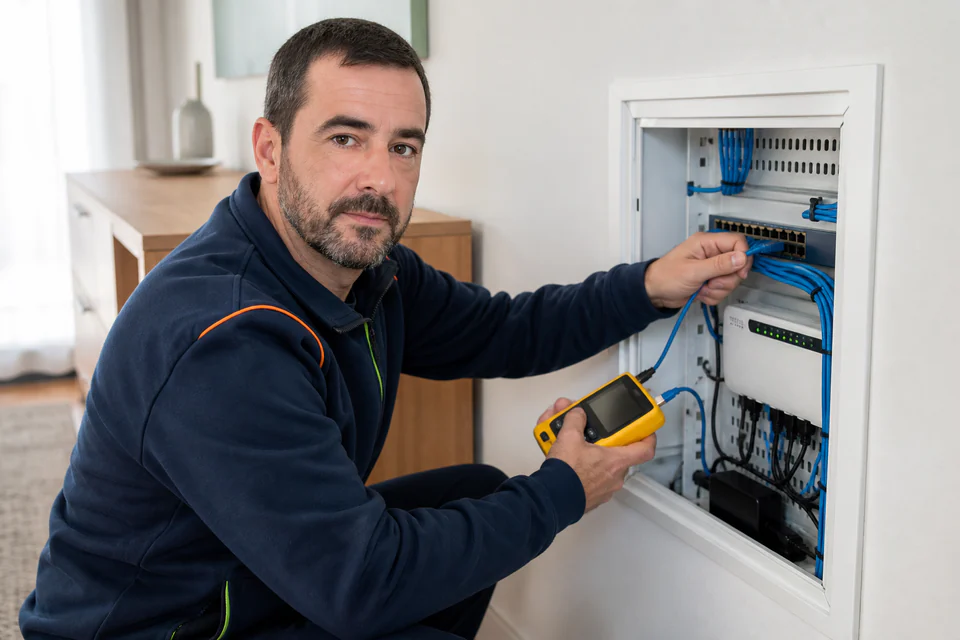 Técnico con comprobador de cableado junto a un panel con conexiones de red