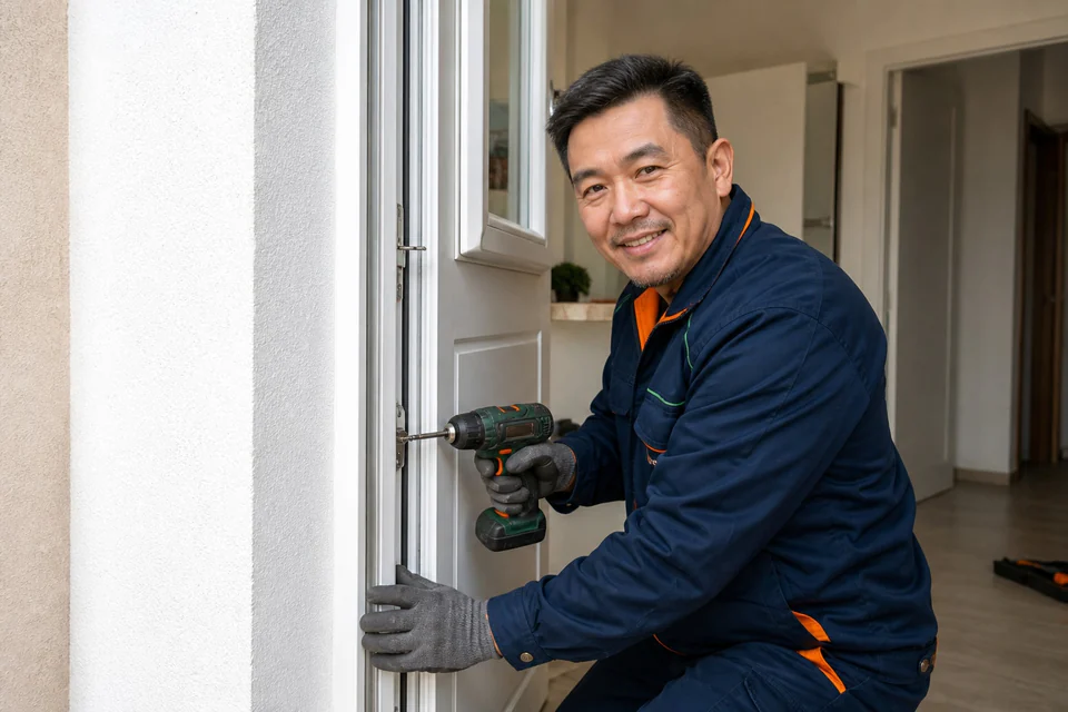 Instalador con atornillador junto al lateral de una puerta blanca abierta
