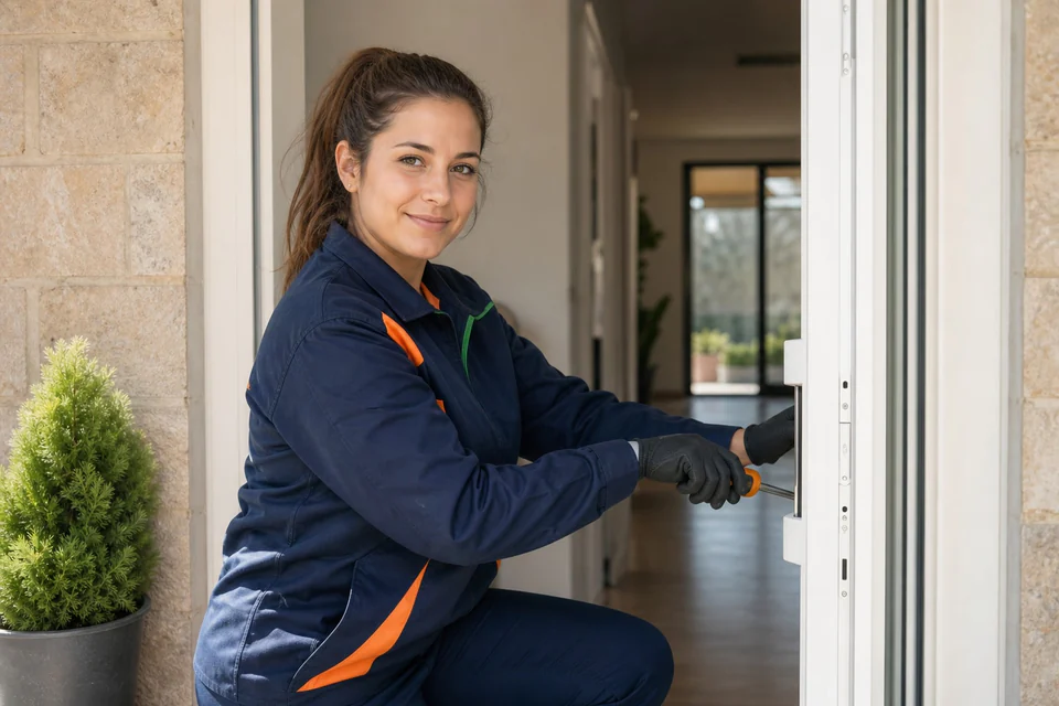 Instaladora ajustando con una herramienta el lateral de una puerta blanca