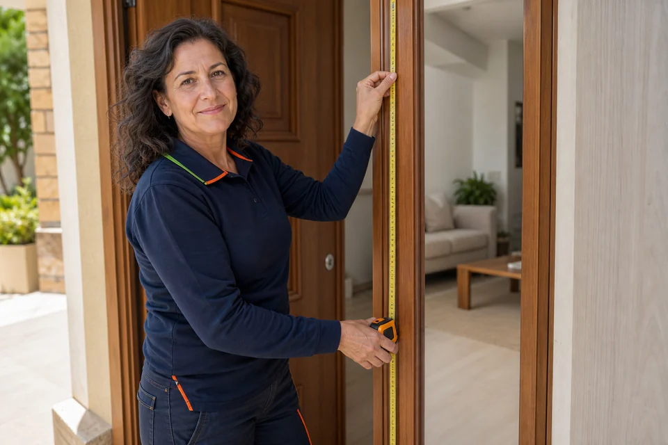 Carpintera midiendo con una cinta el lateral de un marco de madera