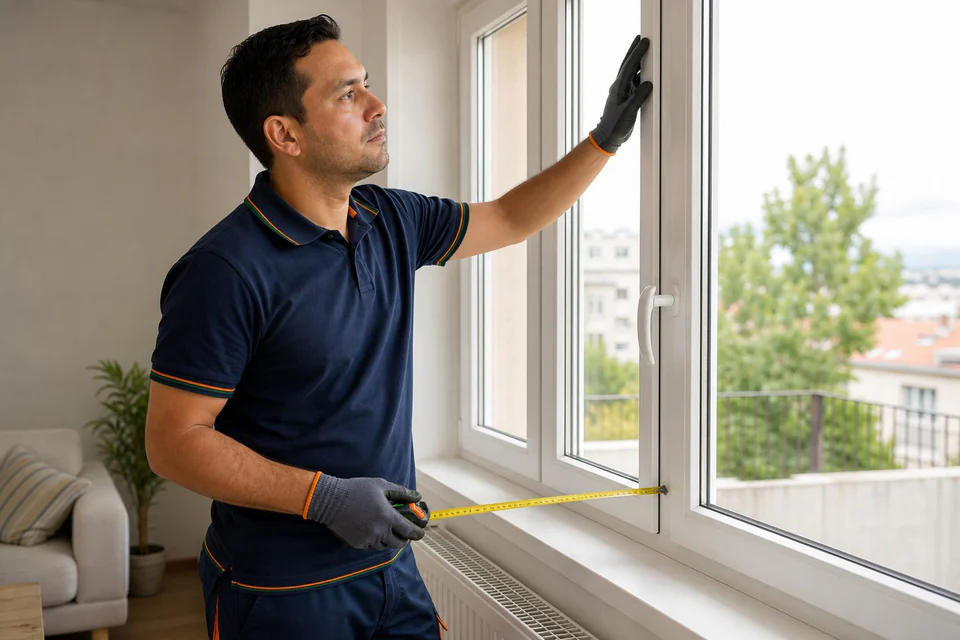 Técnico midiendo una ventana blanca con una cinta métrica extendida sobre el hueco