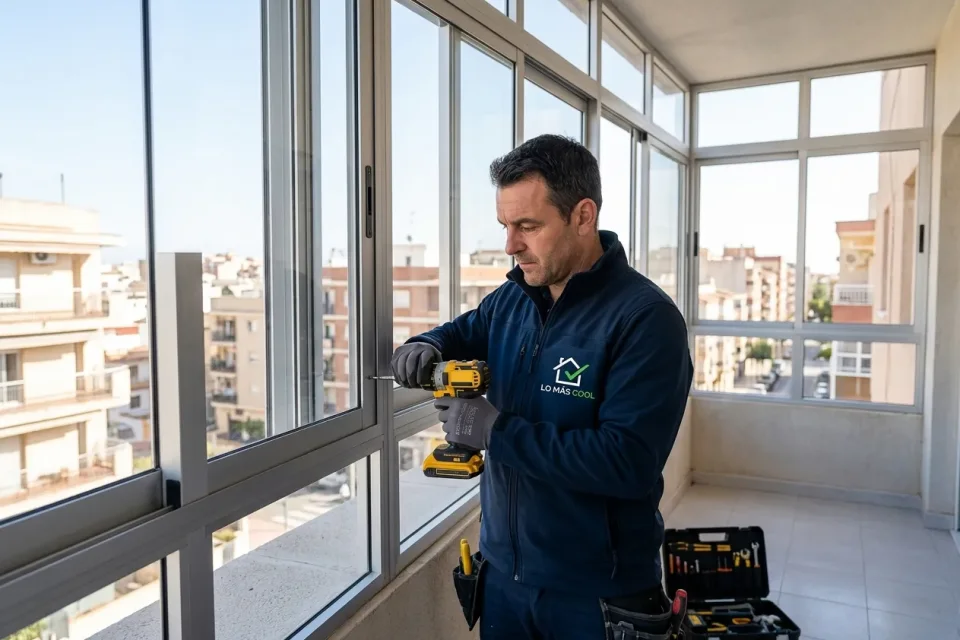 Profesional fijando un perfil de aluminio en un cerramiento acristalado con herramienta eléctrica.