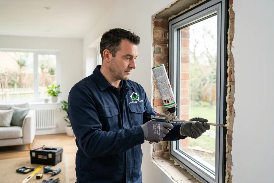 Profesional aplicando espuma de montaje en el perímetro de una ventana de aluminio.