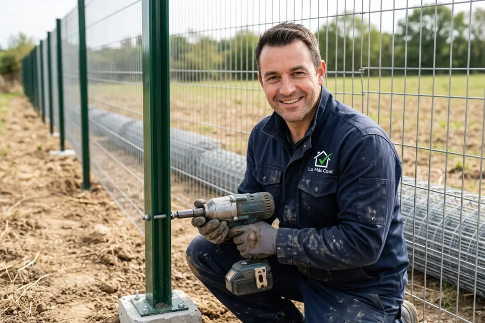 Profesional preparando la fijación de un poste metálico en un vallado de terreno.