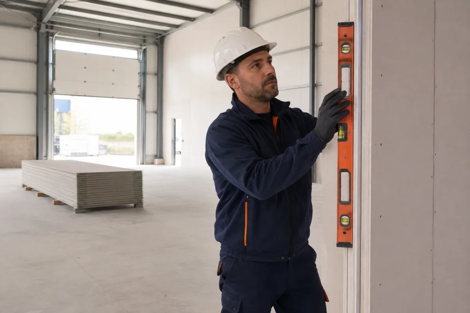 Técnico con casco apoyando un nivel vertical sobre un tabique de la nave