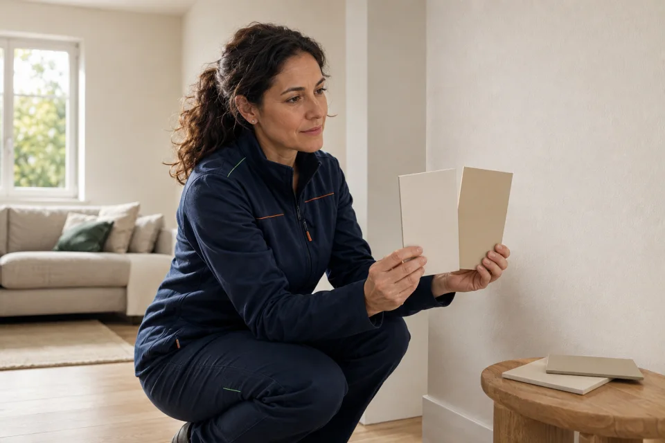 Mujer comparando dos muestras de acabado junto a una pared de salón