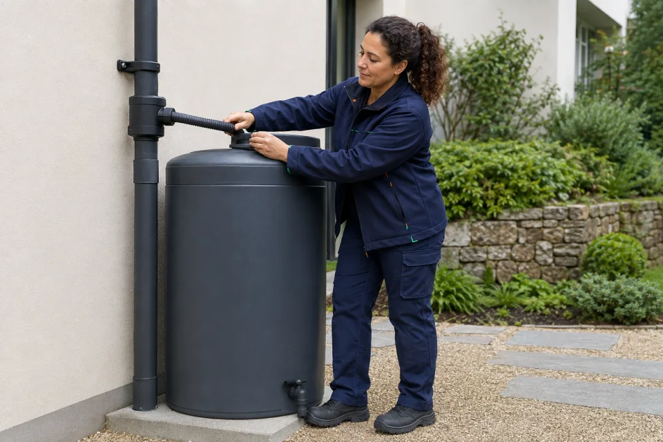Mujer revisando la conexión de un depósito de agua de lluvia exterior