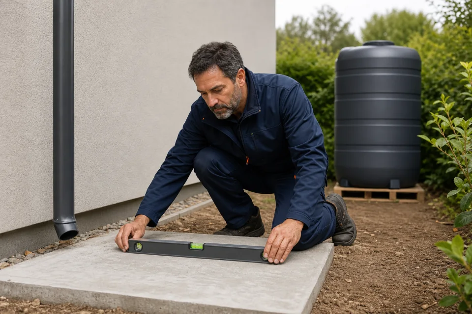 Hombre comprobando el nivel de una base junto a un depósito de lluvia