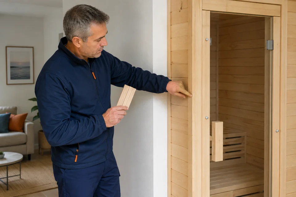 Técnico con muestra de madera señalando el revestimiento junto a la puerta de sauna