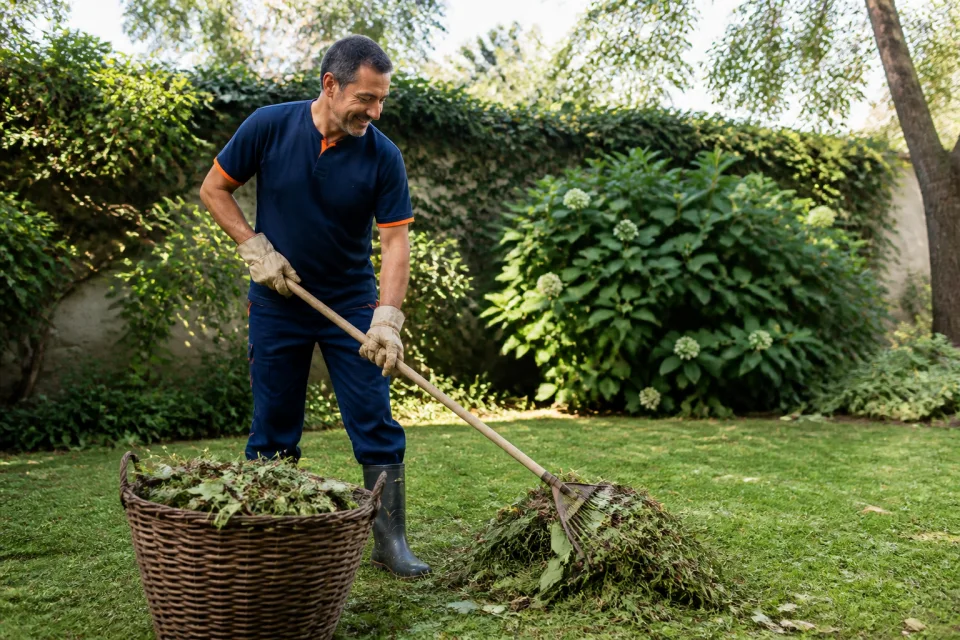 Jardinero con guantes reuniendo restos vegetales con un rastrillo junto a una cesta