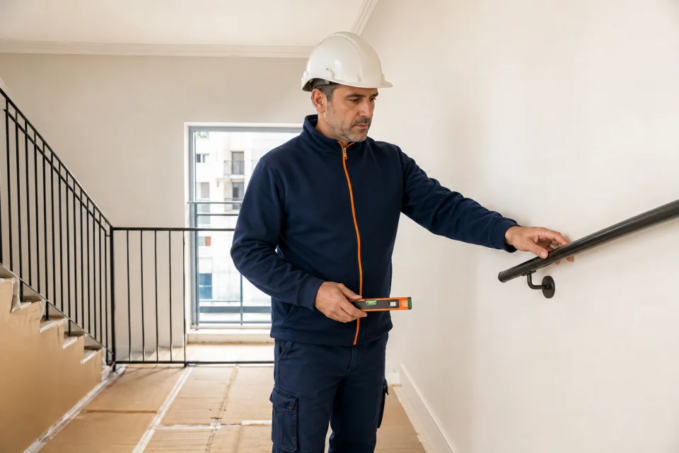 Técnico con casco observando el pasamanos del rellano mientras sostiene un nivel pequeño