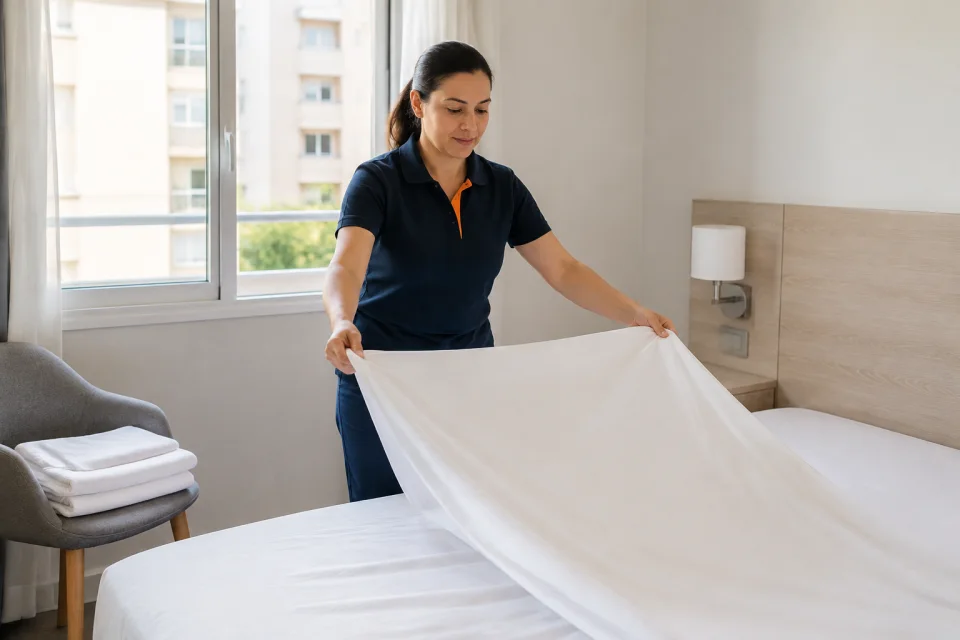 Limpiadora extendiendo una sábana blanca sobre la cama del dormitorio vacío del apartamento
