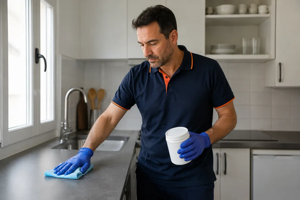 Limpiador con guantes pasando una bayeta por la encimera de la cocina del apartamento