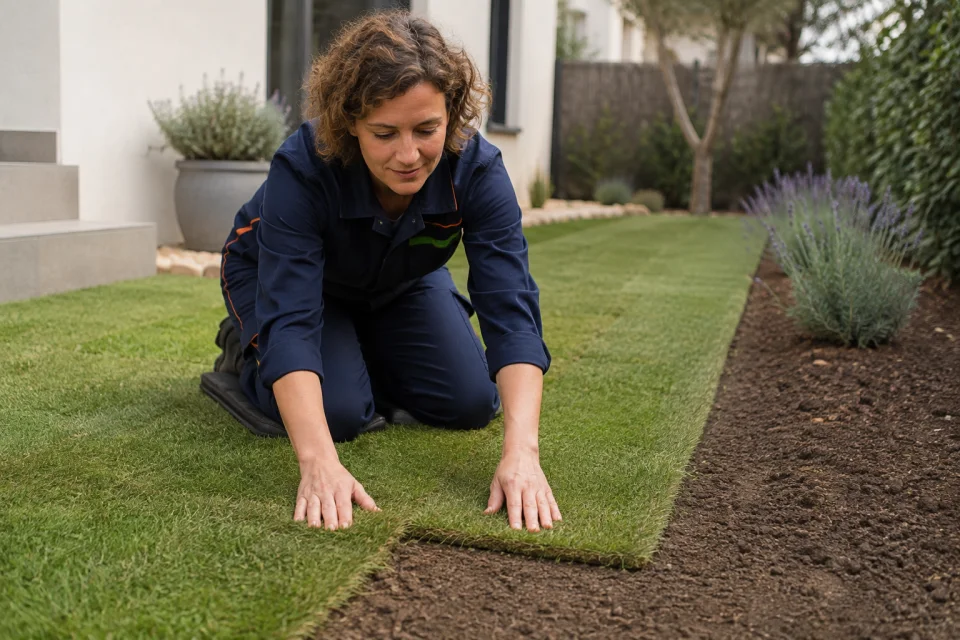 Jardinera alineando una tira de césped en tepes