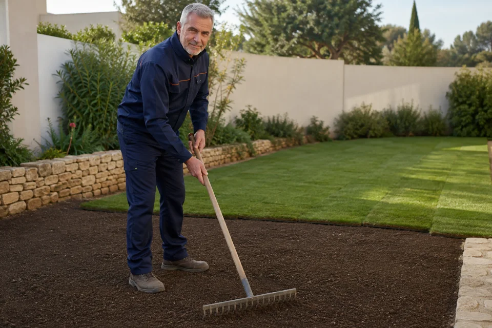 Jardinero nivelando tierra antes de colocar césped en tepes