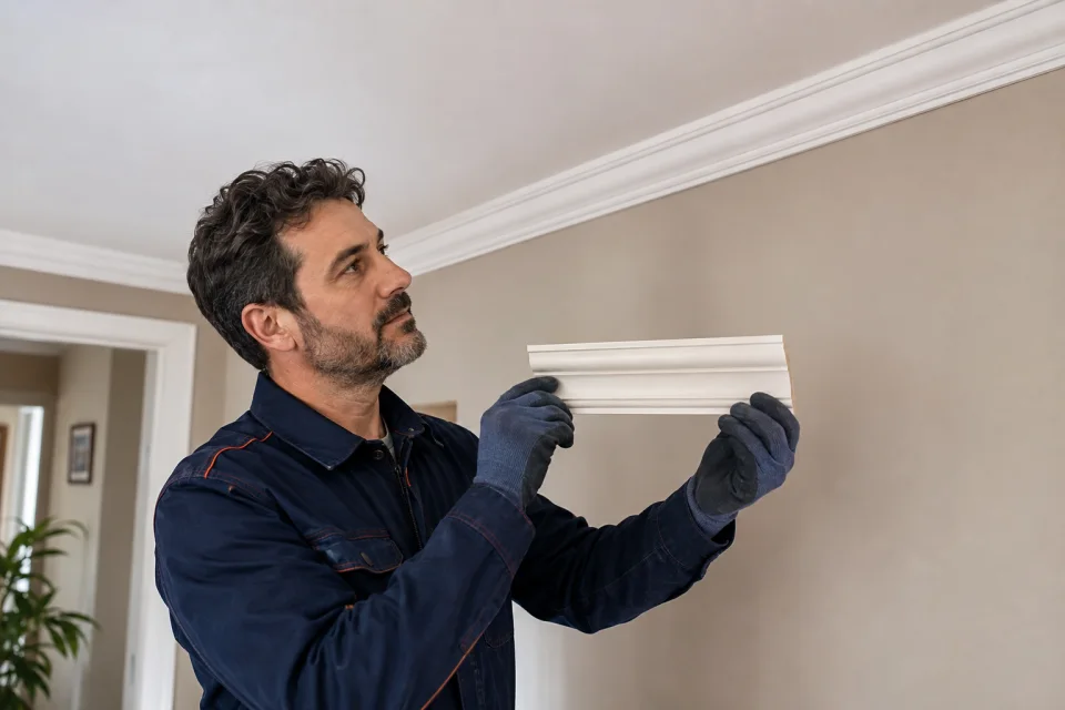 Técnico comparando una muestra de escayola con la moldura visible junto al techo
