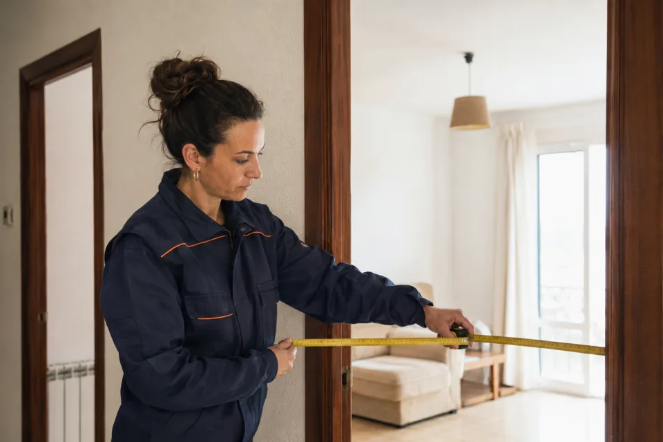 Técnica midiendo el ancho libre de una puerta durante la revisión de una vivienda