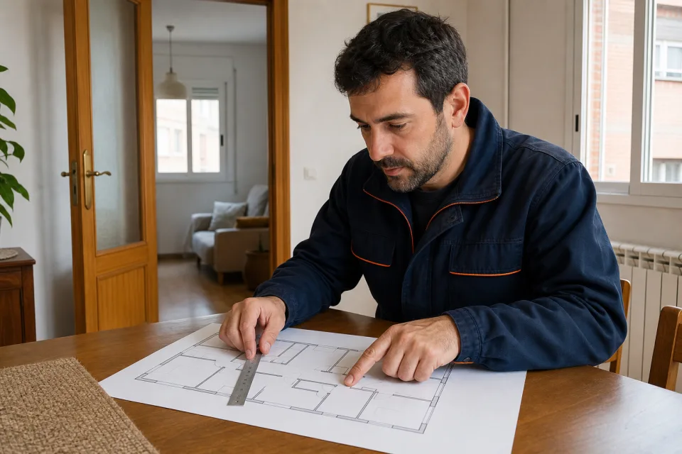 Técnico comparando un plano esquemático sin texto durante una revisión de vivienda