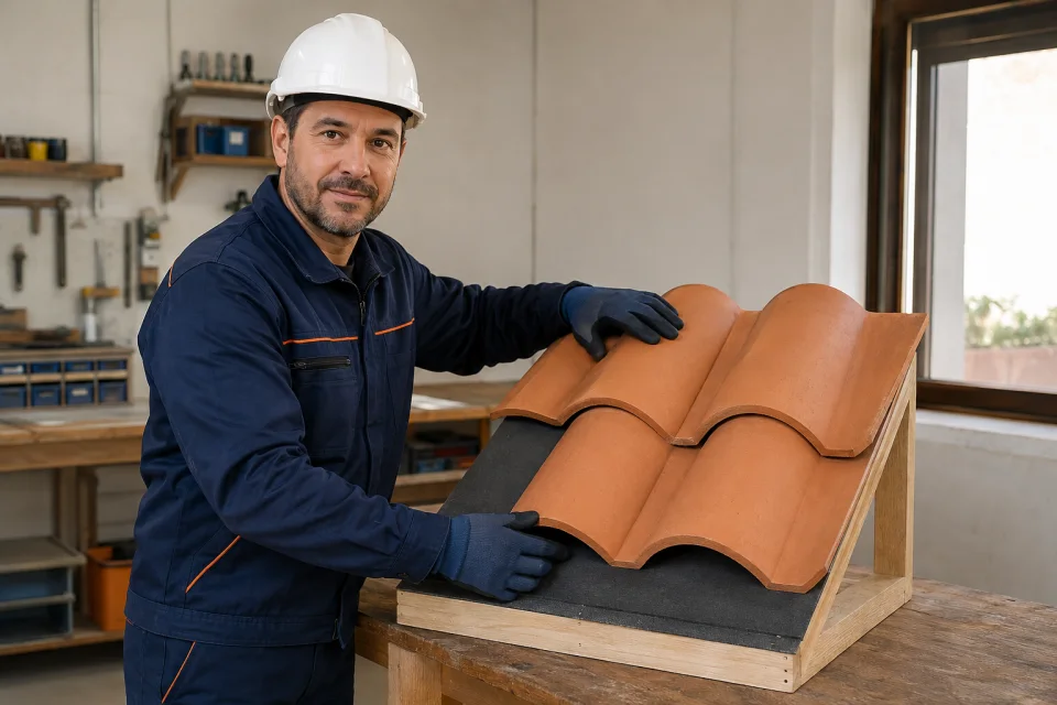 Técnico presentando el solape de varias tejas sobre una pequeña muestra de cubierta