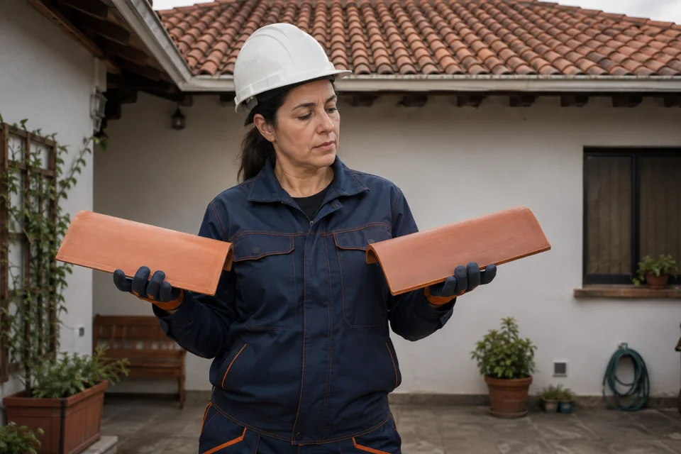 Técnica comparando dos tejas cerámicas desde el patio de una vivienda