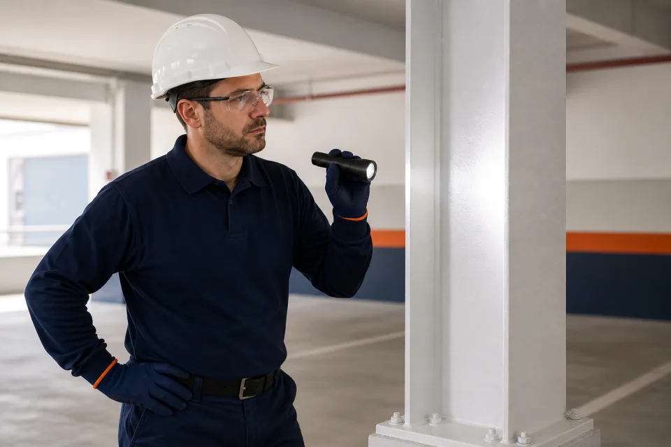 Técnico con casco y linterna observando el revestimiento blanco de un pilar metálico