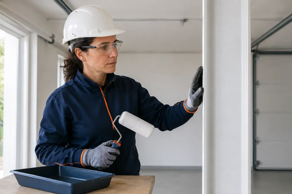 Técnica con rodillo limpio revisando la superficie blanca de un pilar metálico