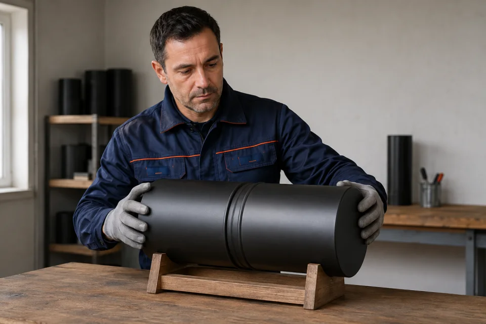 Técnico observando la unión de dos conductos metálicos cerrados sobre una mesa