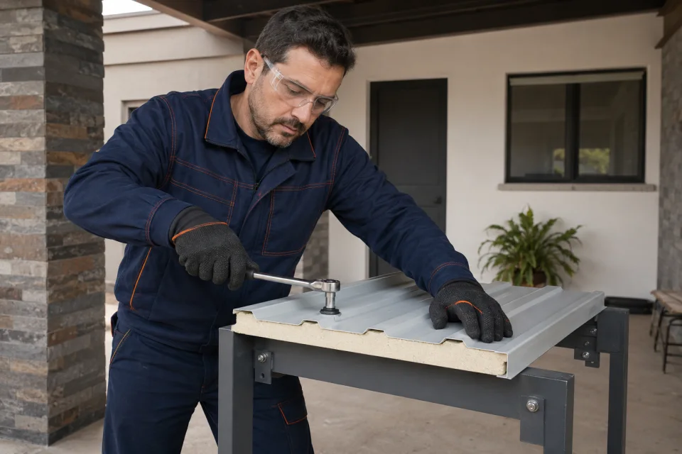 Técnico comprobando un tornillo con arandela sobre una muestra de panel sandwich