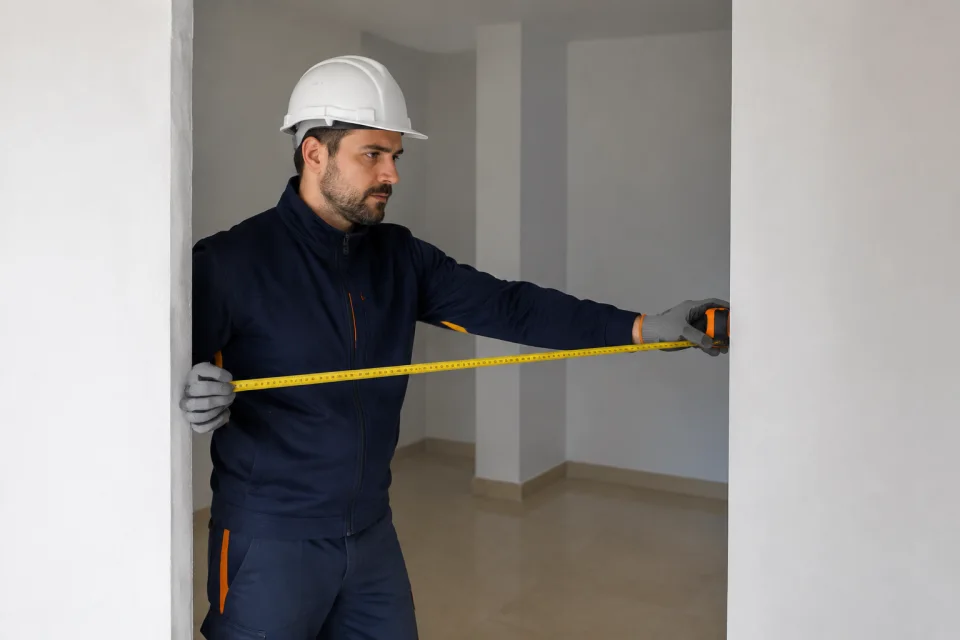 Técnico con casco midiendo con cinta un hueco de puerta en un local