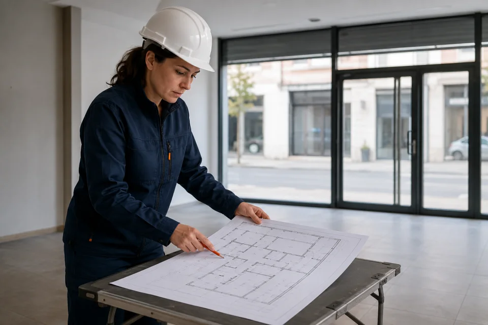 Técnica con casco revisando un plano sobre una mesa dentro de un local vacío