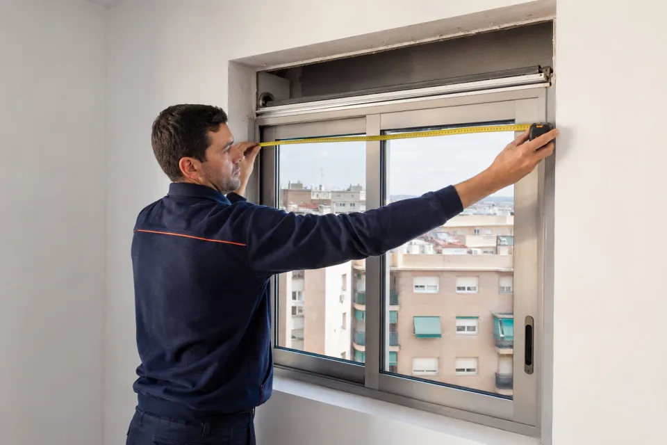 Técnico midiendo el hueco de una ventana para instalar una persiana eléctrica