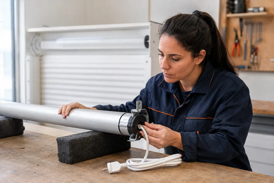 Técnica revisando un motor tubular de persiana eléctrica desconectado