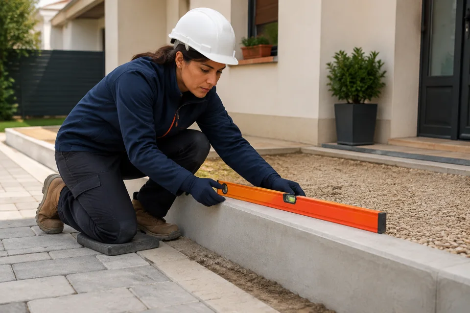 Técnica comprueba con un nivel la superficie de un bordillo exterior junto a adoquines.