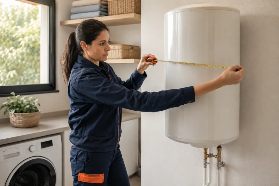 Técnica midiendo el espacio exterior junto a un acumulador de agua cerrado