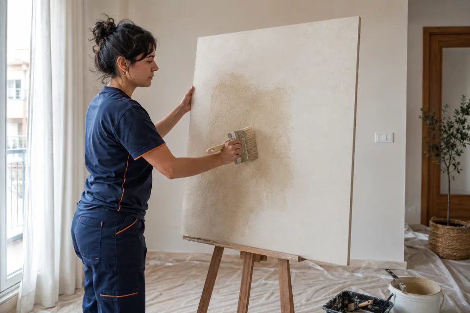 Pintora aplicando un acabado decorativo sobre un panel de muestra