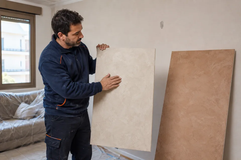 Pintor comparando dos paneles secos con acabados decorativos diferentes