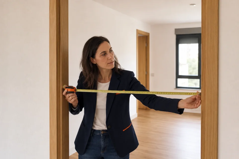 Arquitecta midiendo la anchura de una puerta durante una visita a la vivienda