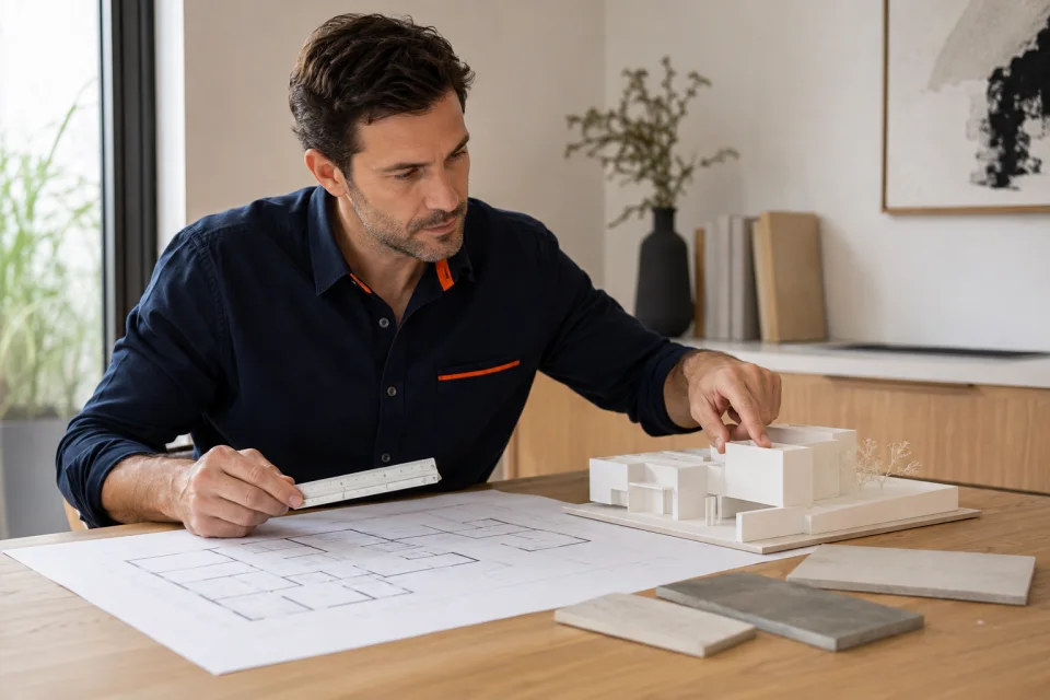 Arquitecto comparando un plano esquemático con una maqueta blanca sobre la mesa