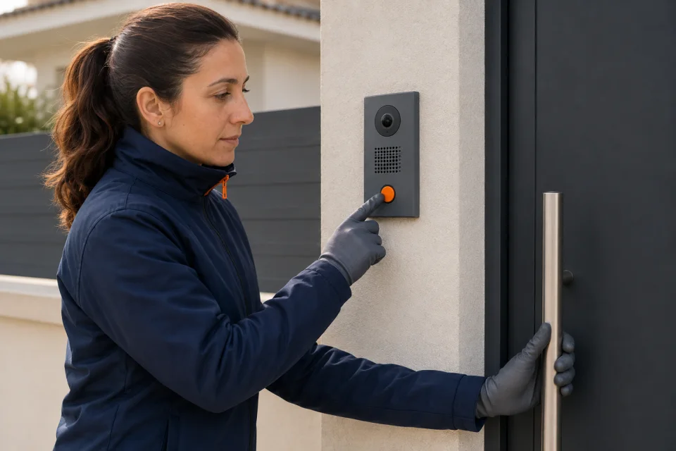 Técnica pulsa el botón exterior mientras sostiene el tirador de la puerta.