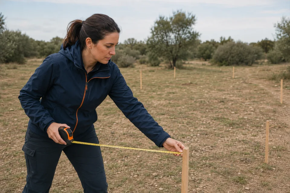 Técnica midiendo la separación entre estacas de madera sobre una parcela despejada