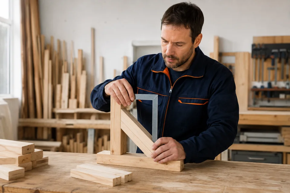 Técnico comprobando con una escuadra un encuentro de piezas de madera